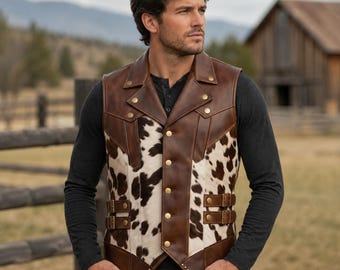 Chaleco de cuero de vaca con pelo para hombre, chaleco de motociclista estilo western de cuero auténtico