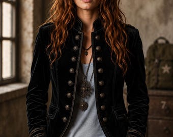 Women's Black Velvet Military Jacket – Luxury Slim Fit Gold Button Coat