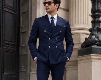 Men's Navy Double Breasted Suit, Custom Tailored Formal Wedding Attire