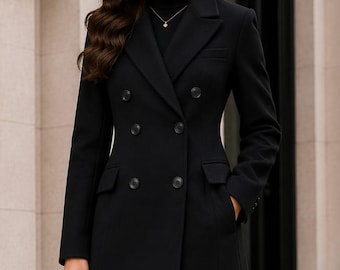 Black Double Breasted Wool Blend Long Coat | Elegant Tailored Winter Overcoat