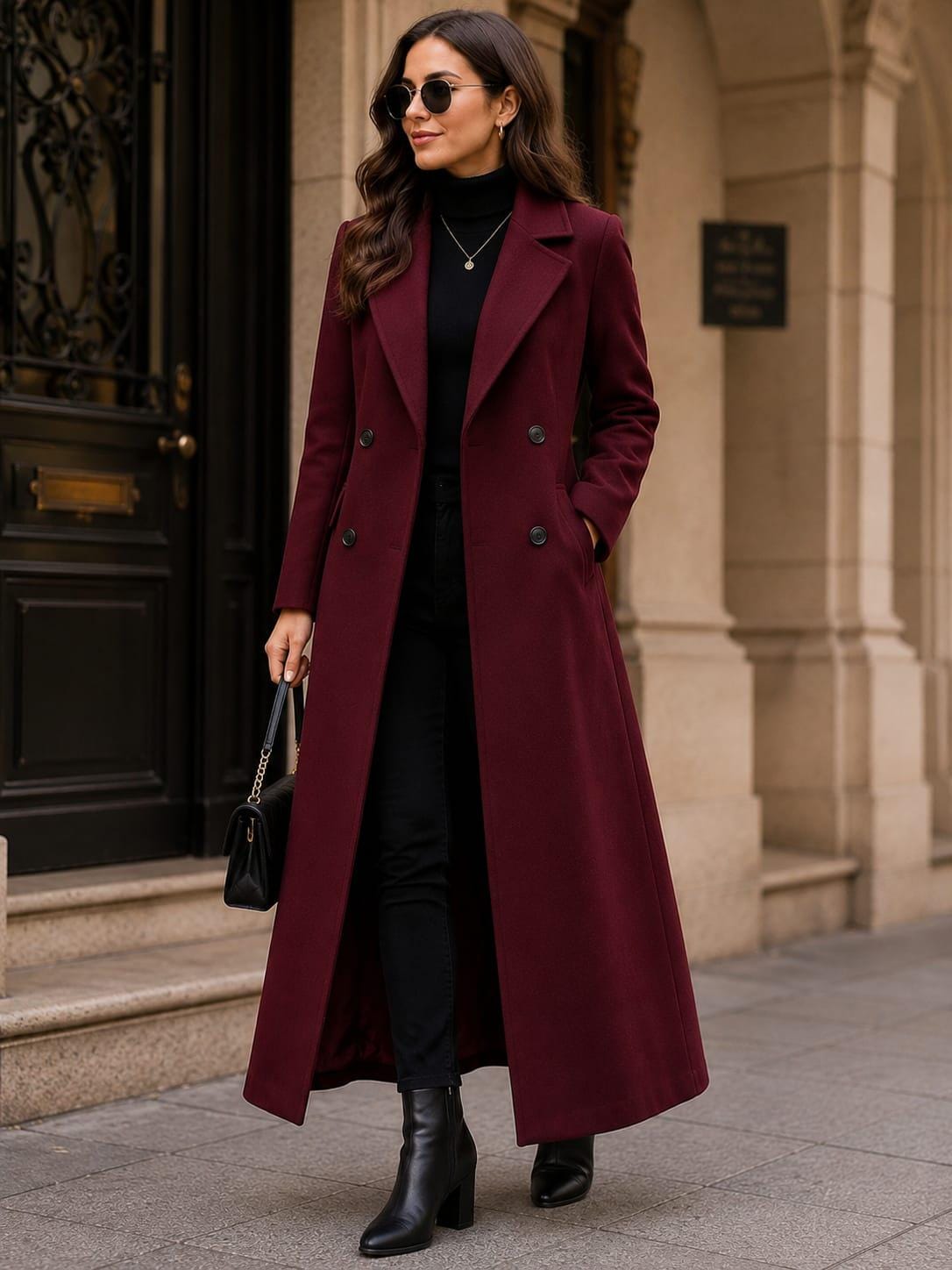 Women's Burgundy Long Wool Coat: Double Breasted Winter Overcoat, Tailored Fall Outerwear