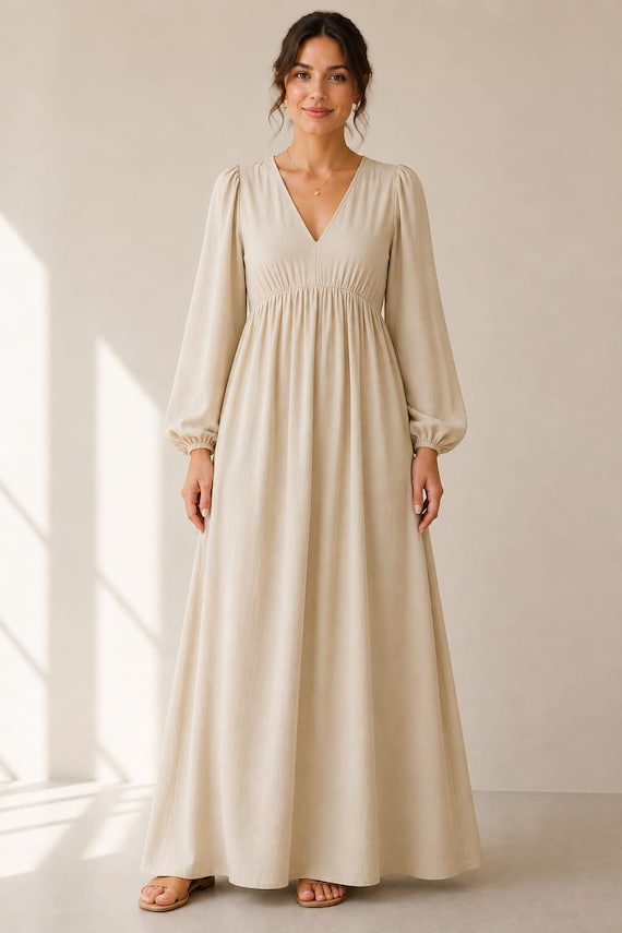 beige dress flowy Cotton Night Maxi Dress, Puff Sleeve V-neck, Boho Style Color:Lt Yellow