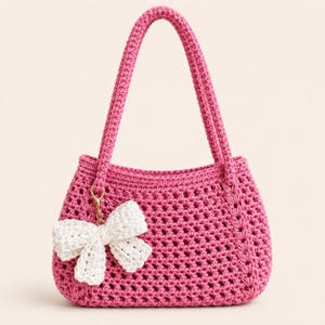 Crochet Bow Tote Bag Pattern | Pink Shoulder Handbag, Summer Purse (PDF Download)