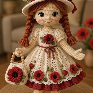 May include: A handcrafted crochet doll with auburn braided hair, wearing a cream-colored dress and hat adorned with red poppy flowers. The doll features a matching cream crochet handbag with wooden beads and cream-colored shoes with red accents.