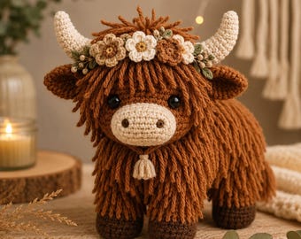 Highland Cow Crochet Pattern | Floral Crown Amigurumi Plush Toy (PDF Download)
