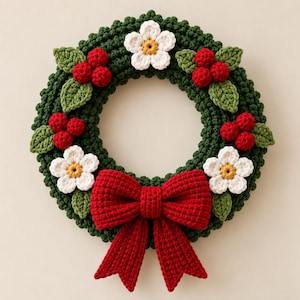 May include: A circular crochet wreath featuring a dark green textured base adorned with three white flowers with yellow centers, several clusters of small red berries, green leaves, and a large, prominent red bow at the bottom center.