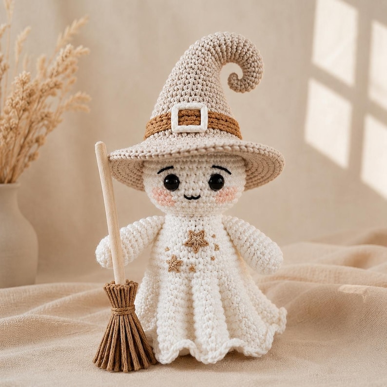 May include: A crocheted ghost doll wearing a beige pointed hat with a brown band and white buckle. The ghost has black eyes, pink cheeks, and a small mouth. It features embroidered gold stars on its chest and holds a small wooden broom.