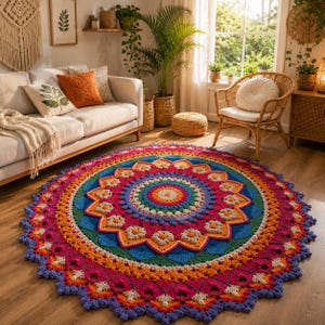 May include: A large, circular, multi-coloured crochet rug featuring a complex mandala pattern. The design incorporates concentric rings of vibrant yarn in shades of magenta, orange, blue, green, and yellow, finished with a scalloped edge.