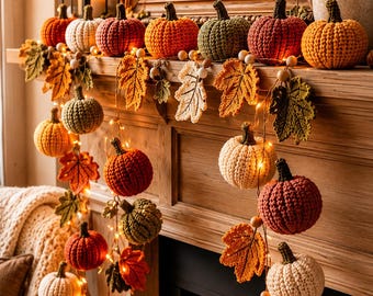 Op de afbeelding: Een decoratieve slinger met gehaakte pompoenen in tinten oranje, rood, groen en crème, afgewisseld met gehaakte herfstbladeren en kleine warmwitte LED-lichtjes, gedrapeerd over een houten schoorsteenmantel met een lantaarn.