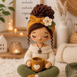 May include: A crocheted doll with brown hair in a high bun, wearing a mustard yellow headband with a white flower, a cream off-the-shoulder sweater, and olive green pants. The doll holds a mustard yellow mug with a white heart and wears a heart pendant.
