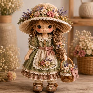 May include: A handcrafted crochet doll wearing a wide-brimmed straw-colored hat adorned with lavender and pink flowers. The doll features a green dress with a white lace apron, brown shoes, and carries a small woven basket filled with floral accents.