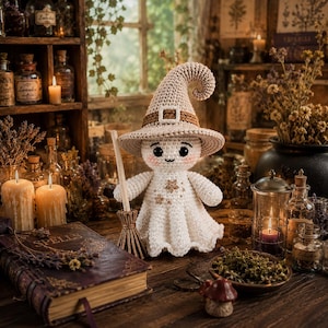 May include: A crocheted ghost doll wearing a beige pointed hat with a brown band and buckle. The white ghost has black eyes, a small smile, and gold star embroidery on its body. It holds a small wooden broomstick in its right hand.