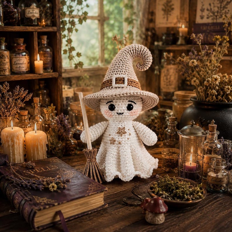 May include: A crocheted ghost doll wearing a beige pointed hat with a brown band and buckle. The white ghost has black eyes, a small smile, and gold star embroidery on its body. It holds a small wooden broomstick in its right hand.