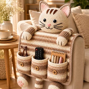 May include: A beige and brown striped crochet cat organizer draped over a sofa arm. The cat head features black eyes, pink inner ears, and whiskers. Three front pockets hold glasses, a remote, and pens, each accented with a wooden paw print button.