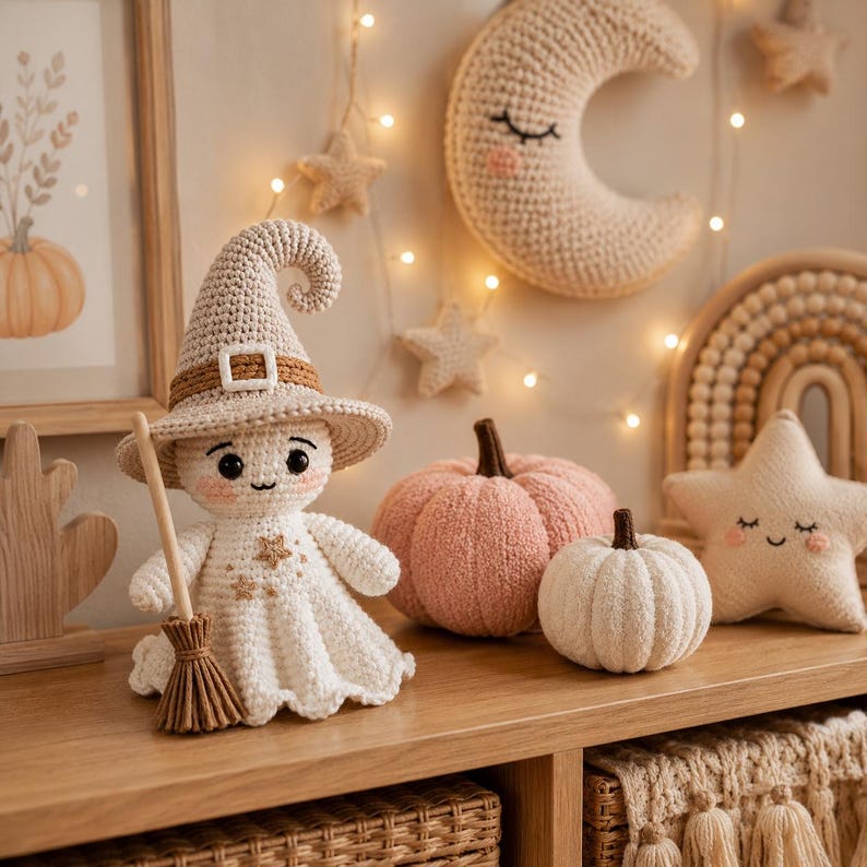 May include: A crocheted ghost doll wearing a beige witch hat with a brown buckle, holding a small wooden broom. Beside it are a large textured pink pumpkin, a smaller white pumpkin, and a cream-colored star-shaped pillow with a smiling face.