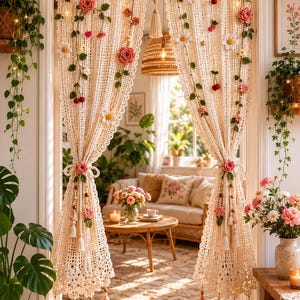 May include: A pair of cream-coloured crochet curtains featuring intricate openwork patterns, adorned with three-dimensional fabric flowers, green vines, and small red cherry accents. The curtains are tied back with floral ties and finished with tassels.