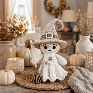 May include: A crocheted ghost doll wearing a beige pointed hat with a brown band and buckle. The ghost has black eyes, pink cheeks, and a white dress embroidered with small gold stars. It holds a small wooden broom with brown bristles.