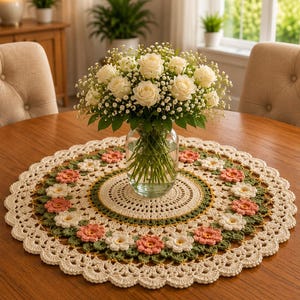 May include: A round, cream-colored crochet doily featuring a floral pattern with pink and white flowers and green leaves. The doily is centered on a wooden table and supports a clear glass vase filled with white roses and baby's breath flowers.