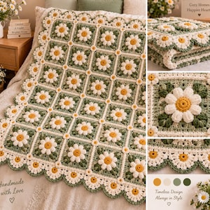 Puede incluir: Una manta de ganchillo hecha a mano con un patrón repetitivo de motivos de margaritas blancas con centros amarillos sobre un fondo verde salvia. La manta tiene un borde festoneado y está hecha de paneles cuadrados. El texto dice Handmade with Love.