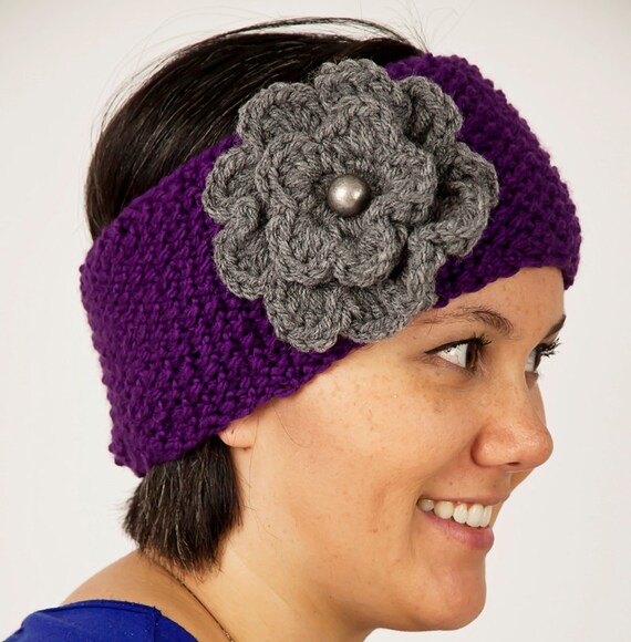Items similar to Knitted Fleece Lined Women's Eggplant headband, Purple