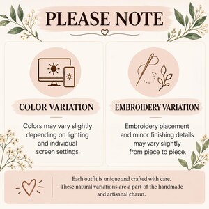 May include: An informational graphic titled PLEASE NOTE with two sections. The first section, COLOR VARIATION, shows a computer and phone icon, stating colors may vary by screen settings. The second, EMBROIDERY VARIATION, shows a needle icon.