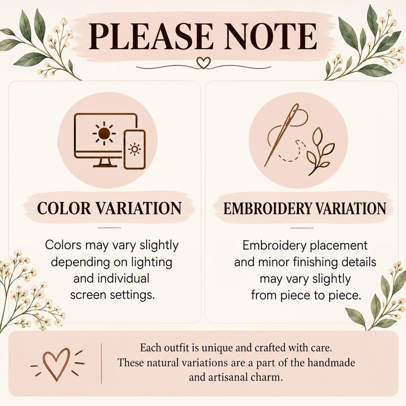 May include: An informational graphic titled PLEASE NOTE with two sections. The first section, COLOR VARIATION, shows a computer and phone icon, stating colors may vary by screen settings. The second, EMBROIDERY VARIATION, shows a needle icon.
