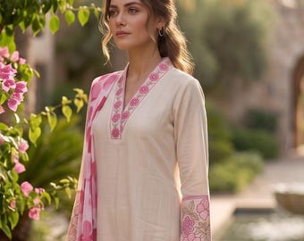 May include: A beige long-sleeved tunic featuring a V-neckline with pink floral embroidery. The cuffs are adorned with matching pink floral embroidery. A light pink and white patterned scarf drapes over one shoulder, completing the ensemble.