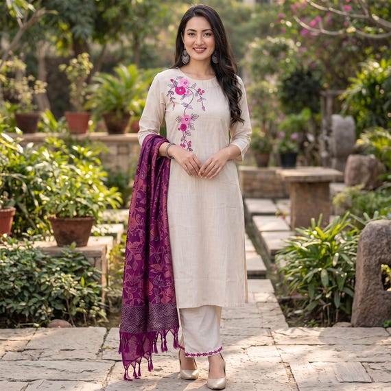 Embroidered Cotton Kurti Pant with Dupatta set, Indian Suits for Woman