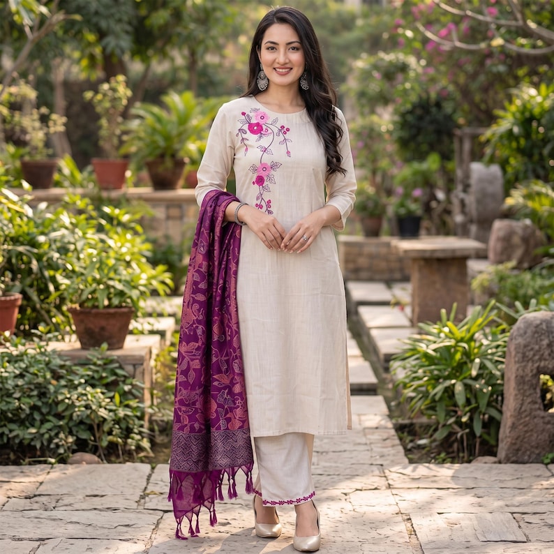 May include: A beige three-piece outfit consisting of a long-sleeved straight-cut tunic with pink and dark pink floral embroidery, matching straight-leg trousers with a pink hem detail, and a deep purple shawl featuring a detailed floral pattern.