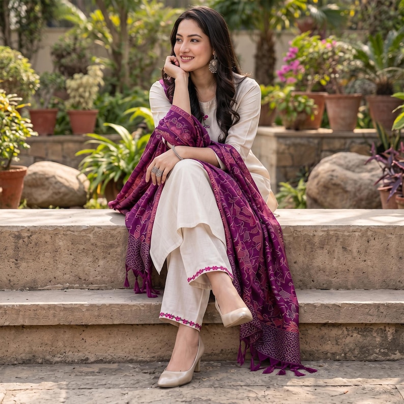 May include: A cream-colored long-sleeved tunic and matching trousers set featuring pink embroidered trim at the hem, paired with a deep purple shawl that has an intricate woven pattern and fringe detailing along the edges, worn with beige heels.