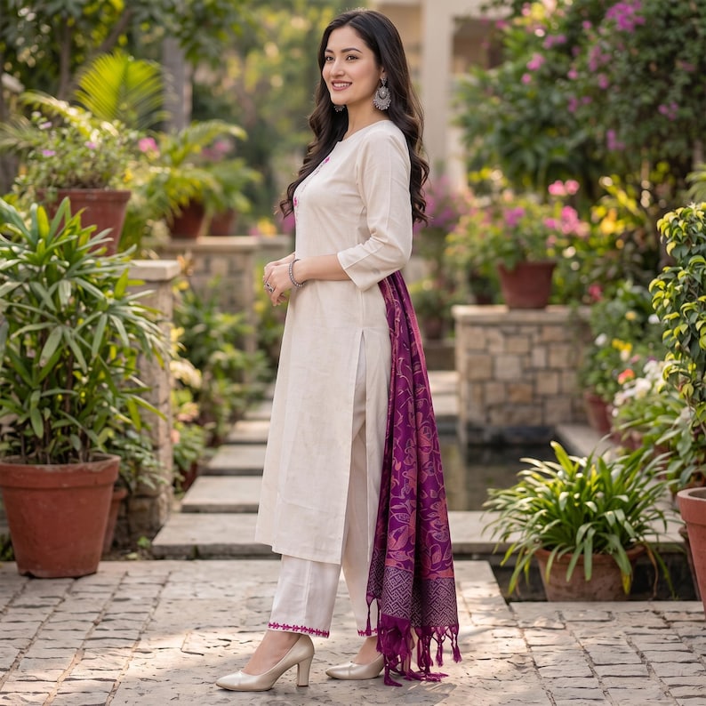May include: A cream-colored long-sleeved tunic and matching straight-leg trousers featuring a bright pink embroidered hem. A deep purple shawl with a detailed floral pattern and tasseled edges is draped over the side of the outfit.
