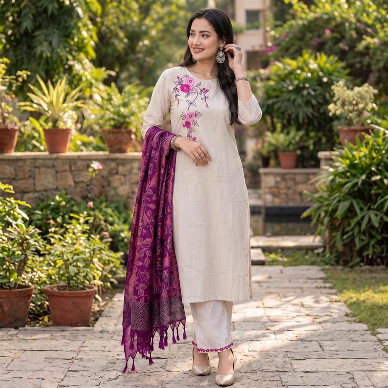 May include: A beige long-sleeved straight-cut tunic featuring pink and magenta floral embroidery on the chest, paired with matching beige trousers with a pink hem detail and a deep purple shawl with a woven pattern and tassel fringe.