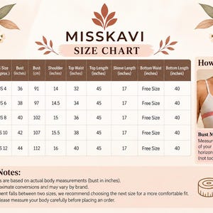 May include: A Misskavi size chart featuring a table with columns for India, UK, and US sizes, bust, shoulder, waist, length, and sleeve measurements in inches and centimeters. Includes a how-to-measure guide for bust size and important notes.