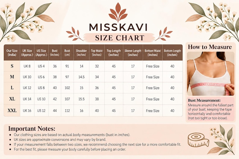 May include: A Misskavi size chart featuring a table with columns for India, UK, and US sizes, bust, shoulder, waist, length, and sleeve measurements in inches and centimeters. Includes a how-to-measure guide for bust size and important notes.