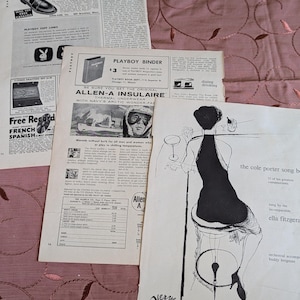 May include: Three vintage paper advertisements featuring black and white illustrations and text. One shows a person in a backless dress at a bar, another promotes Allen-A Insulaire thermal underwear, and the third displays Playboy branded items.