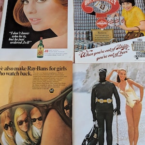 May include: A collection of four vintage magazine advertisements featuring a J&B Scotch ad with a woman, a Schlitz beer ad with a woman and cans, a Ray-Ban sunglasses ad showing reflections in lenses, and a Coppertone ad with a diver and a woman.