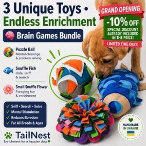 May include: A dog toy bundle featuring a multi-colored fabric puzzle ball, a blue fish-shaped snuffle toy, and a round, multi-colored fabric snuffle flower. The text reads 3 Unique Toys, Endless Enrichment, Brain Games Bundle, and TailNest.