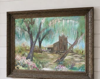 Vintage Florida Landscape Oil Painting | 18x24 Framed Southern Marsh Art