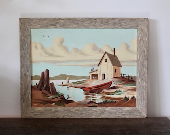 Vintage Paint by Numbers Seaside Cottage Painting | Moody Coastal Landscape Artwork