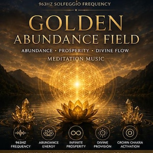 May include: A digital graphic featuring the text 963HZ SOLFEGGIO FREQUENCY, GOLDEN ABUNDANCE FIELD, ABUNDANCE, PROSPERITY, DIVINE FLOW, MEDITATION MUSIC, 963HZ FREQUENCY, ABUNDANCE ENERGY, INFINITE PROSPERITY, DIVINE PROVISION, CROWN CHAKRA ACTIVATION, EXPANSIVE, CONFIDENT, OPULENT, POWERFUL, with a glowing lotus flower, crystals, and a geometric pattern over a lake and mountain landscape.