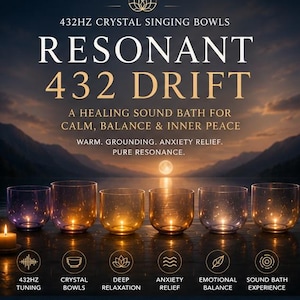 May include: Six translucent crystal singing bowls in purple and amber hues arranged in a row. Text reads: 432HZ CRYSTAL SINGING BOWLS, RESONANT 432 DRIFT, A HEALING SOUND BATH FOR CALM, BALANCE & INNER PEACE, WARM. GROUNDING. ANXIETY RELIEF. PURE RESONANCE.