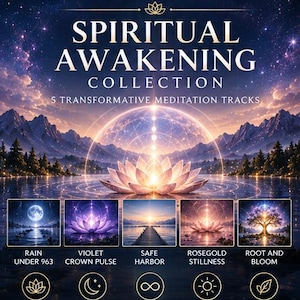 Puede incluir: Un gráfico digital titulado 963HZ SOLFEGGIO FREQUENCY SPIRITUAL AWAKENING COLLECTION 5 TRANSFORMATIVE MEDITATION TRACKS. Presenta una flor de loto brillante sobre un lago, cinco paneles de imágenes más pequeños e iconos de paz interior y amor propio.