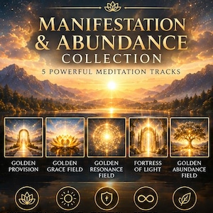 以下が含まれることがあります： 「Manifestation & Abundance Collection」と題された5つの瞑想トラックを含むデジタルグラフィック。山と水に沈む夕日、黄金の風景の5つの正方形画像、およびその下にテキストラベルが付いた5つの円形アイコンが表示されています。