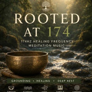 Puede incluir: Un cuenco tibetano de bronce con patrones grabados sobre una roca. El texto dice: ROOTED AT 174, 174HZ HEALING FREQUENCY MEDITATION MUSIC, GROUNDING, HEALING, DEEP REST, TIBETAN BOWLS, FLOWING WATER, SOFT WIND, GENTLE PIANO, AMBIENT DRONES.