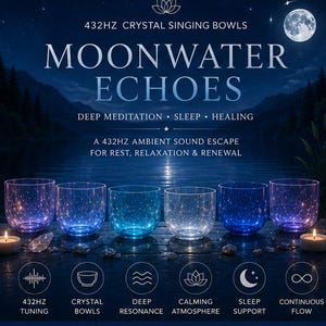 Op de afbeelding: Zes doorschijnende kristallen klankschalen in blauwe en heldere tinten, op een rij geplaatst. De tekst luidt 432HZ CRYSTAL SINGING BOWLS MOONWATER ECHOES DEEP MEDITATION SLEEP HEALING A 432HZ AMBIENT SOUND ESCAPE FOR REST, RELAXATION & RENEWAL.