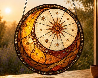 Sol Månen Solfångare, Himmelskt Glasfönsterhängande, Månfas Väggdekor, Boho Stjärnor Solfångare, Födelsedagspresent till henne