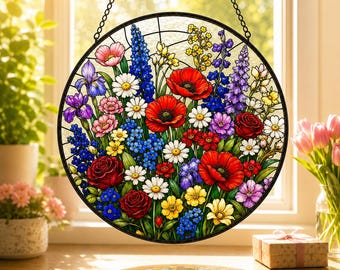 Acchiappasole a forma di fiore in vetro colorato, regalo da appendere alla finestra con giardino di fiori selvatici, regalo botanico per la nonna