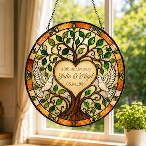 Attrape-soleil personnalisé en vitrail pour 40e anniversaire de mariage, cadeau pour couple rubis, souvenir personnalisé suspendu à une fenêtre pour femme