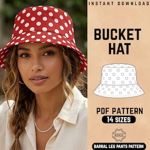 Cartamodello PDF per cappello a secchiello: cappello da sole reversibile, 14 taglie, download immediato.