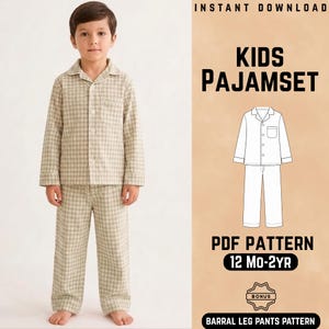 Puede incluir: Un conjunto de pijama a cuadros beige y blanco que consta de una camisa de manga larga con botones y pantalones a juego. La imagen incluye el texto INSTANT DOWNLOAD, KIDS PAJAMSET, PDF PATTERN 12 MO-2YR, BONUS y BARRAL LEG PANTS PATTERN.